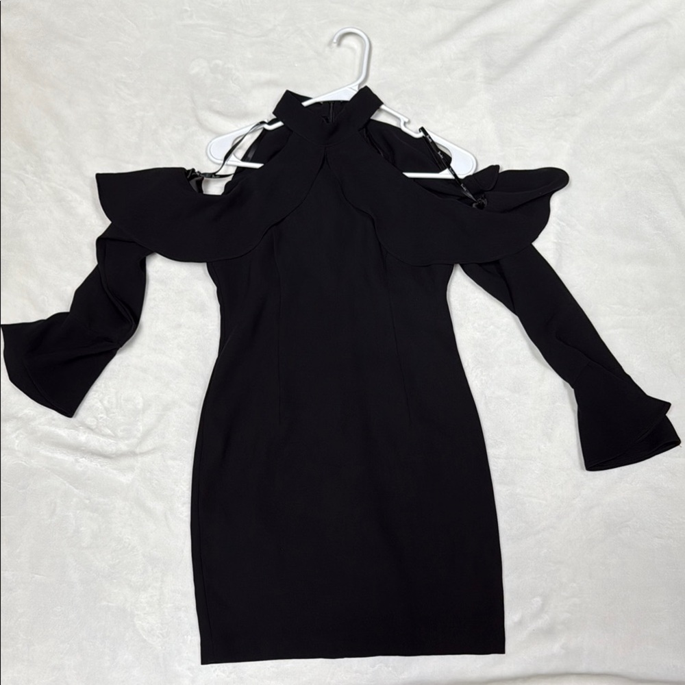 Bardot Black Bodycon Dress with Bell Sleeves and Halter Neckline